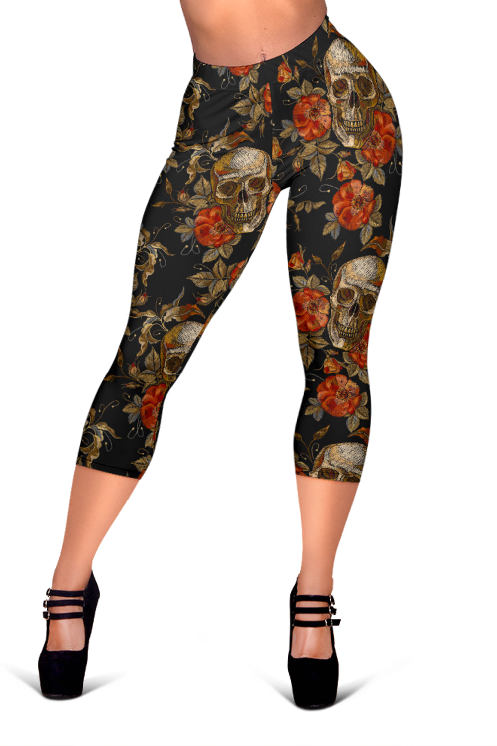 Vintage Floral Skull Pattern Print Women's Capri Leggings