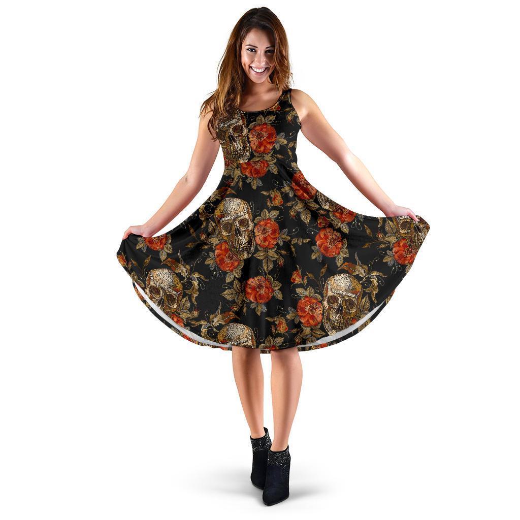 Vintage Floral Skull Pattern Print Women's Dress