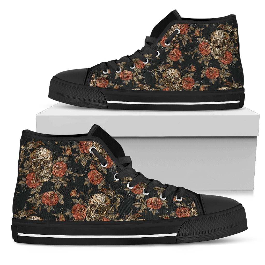 Vintage Floral Skull Pattern Print Women's High Top Shoes