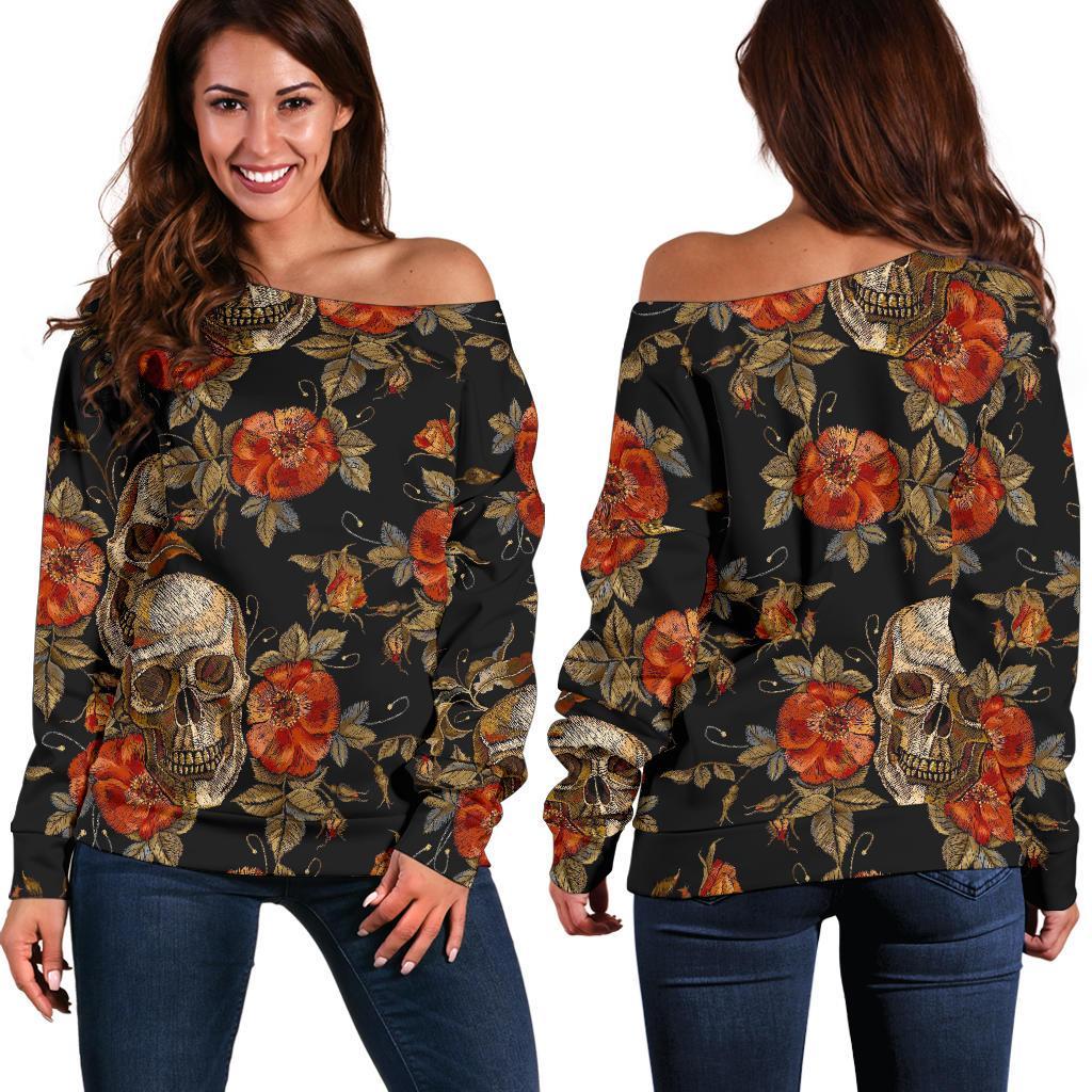 Vintage Floral Skull Pattern Print Women's Off-Shoulder Sweatshirt