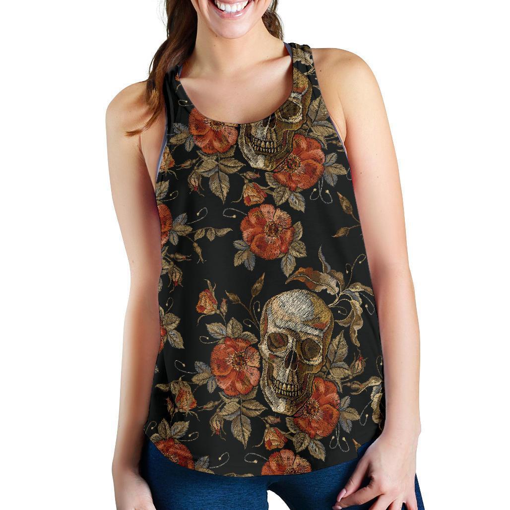 Vintage Floral Skull Pattern Print Women's Racerback Tank Top