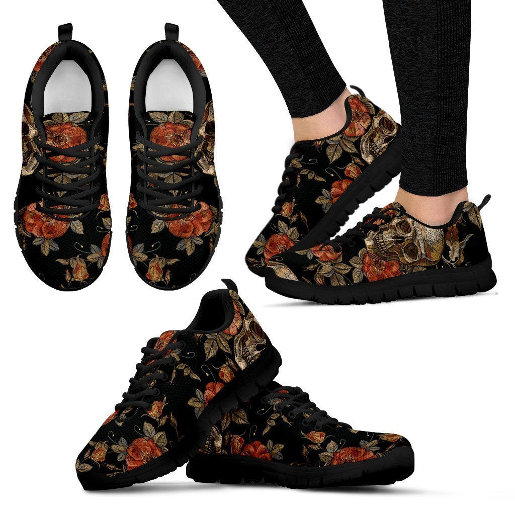 Vintage Floral Skull Pattern Print Women's Sneakers