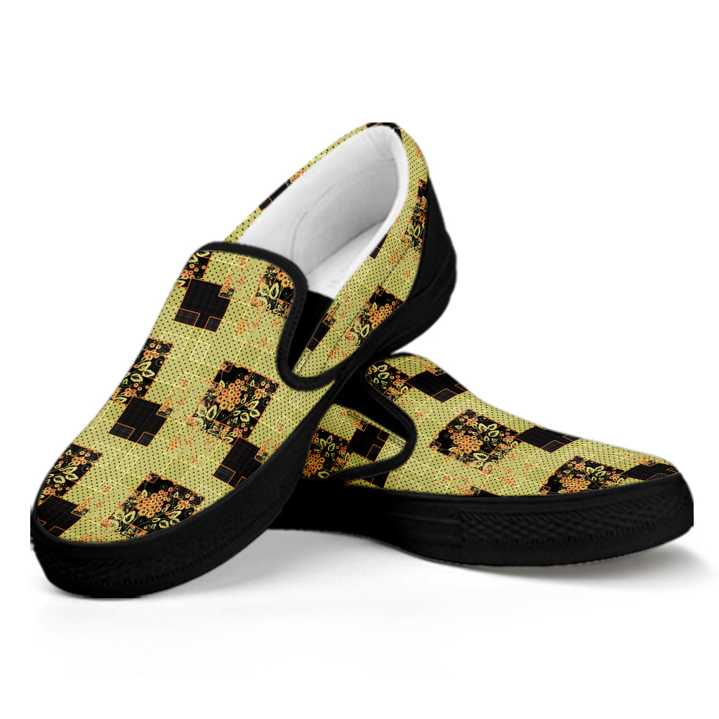 Vintage Flower Patchwork Pattern Print Black Slip On Shoes