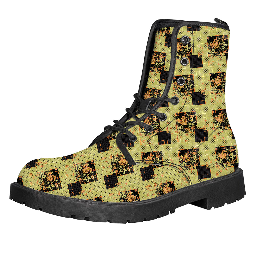 Vintage Flower Patchwork Pattern Print Leather Boots