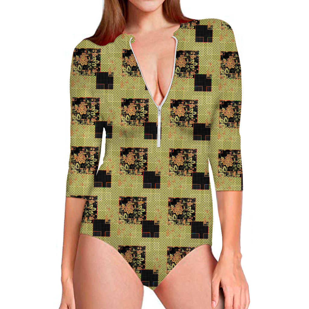 Vintage Flower Patchwork Pattern Print Long Sleeve One Piece Swimsuit