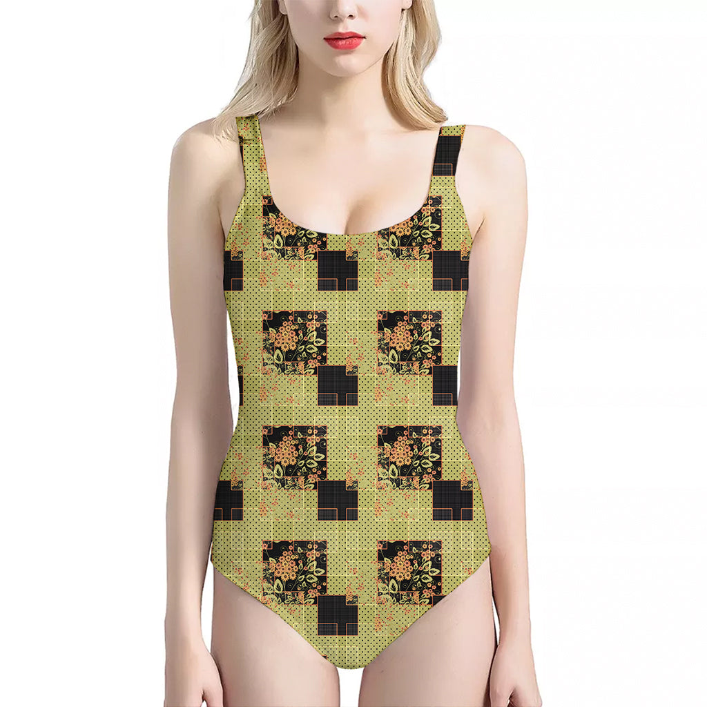 Vintage Flower Patchwork Pattern Print One Piece Halter Neck Swimsuit