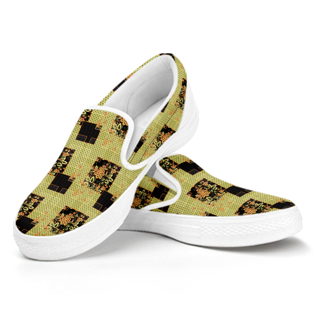 Vintage Flower Patchwork Pattern Print White Slip On Shoes