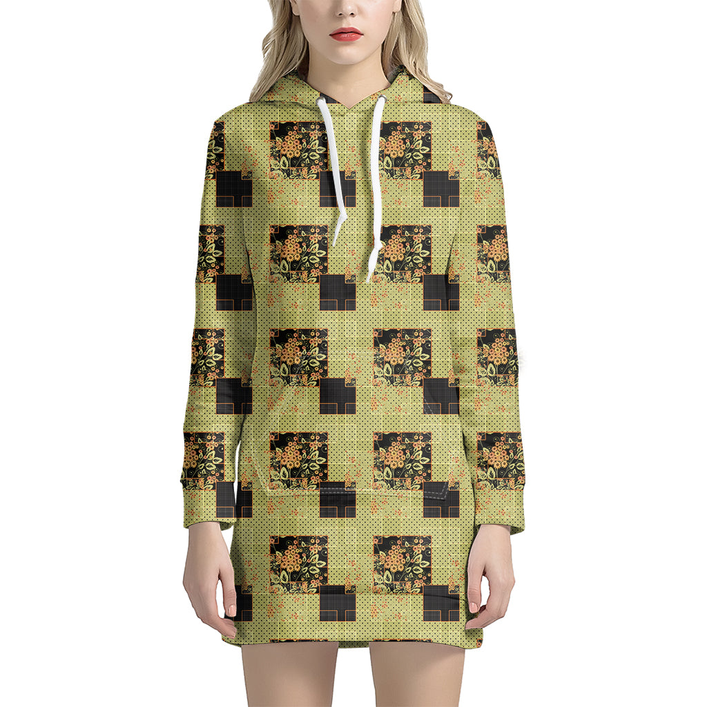 Vintage Flower Patchwork Pattern Print Women's Pullover Hoodie Dress