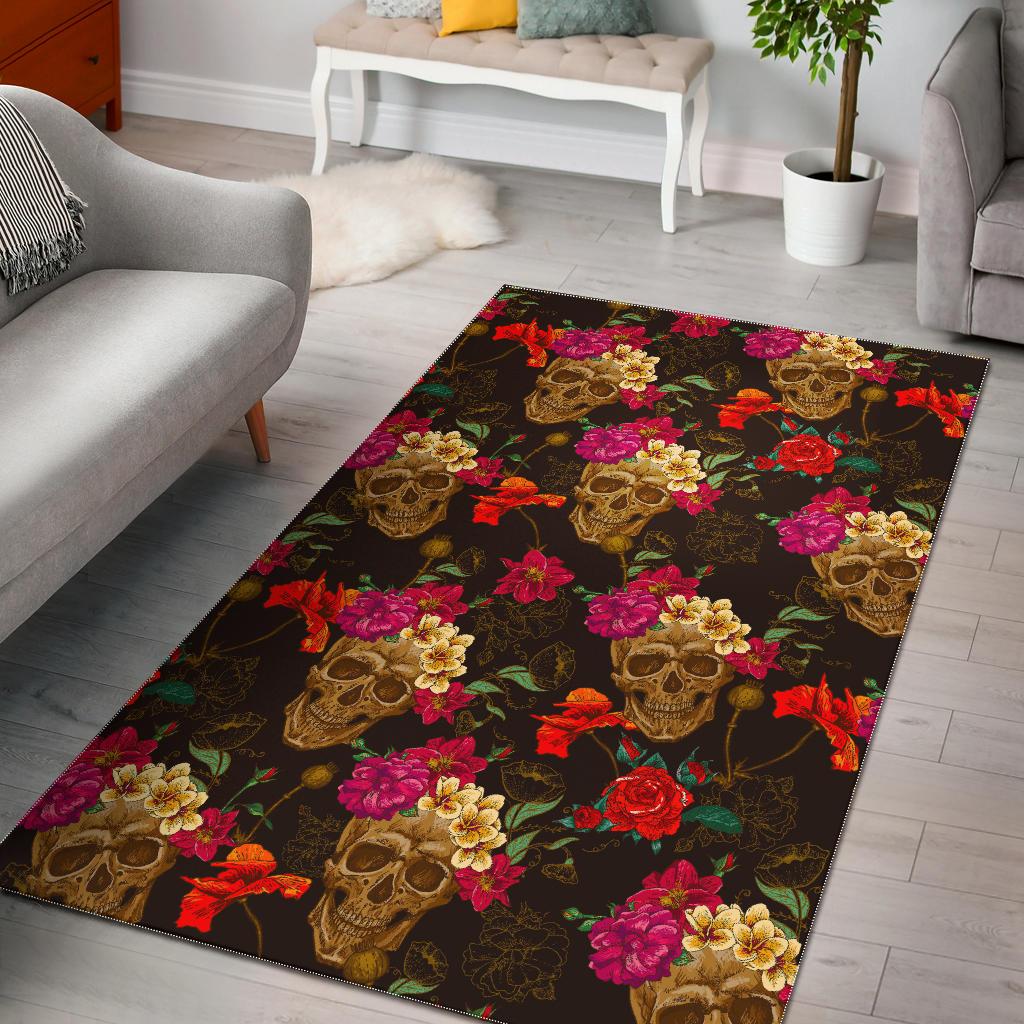 Vintage Flowers Skull Pattern Print Area Rug