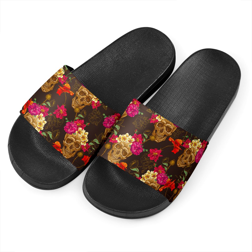 Vintage Flowers Skull Pattern Print Black Slide Sandals