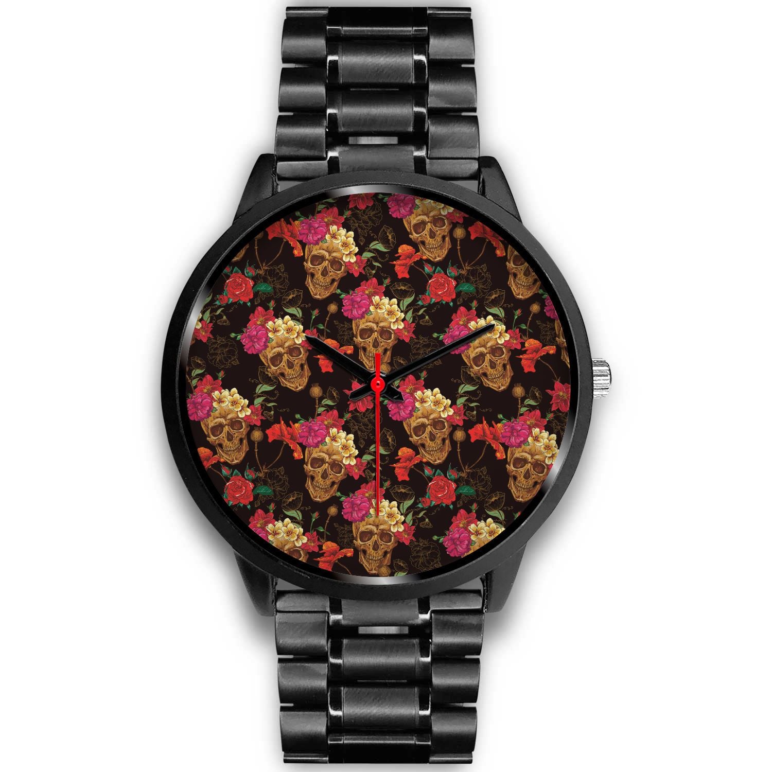 Vintage Flowers Skull Pattern Print Black Watch