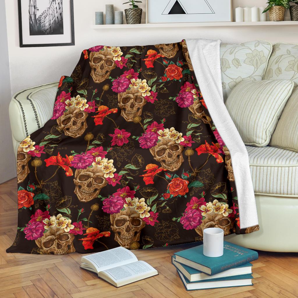 Vintage Flowers Skull Pattern Print Blanket