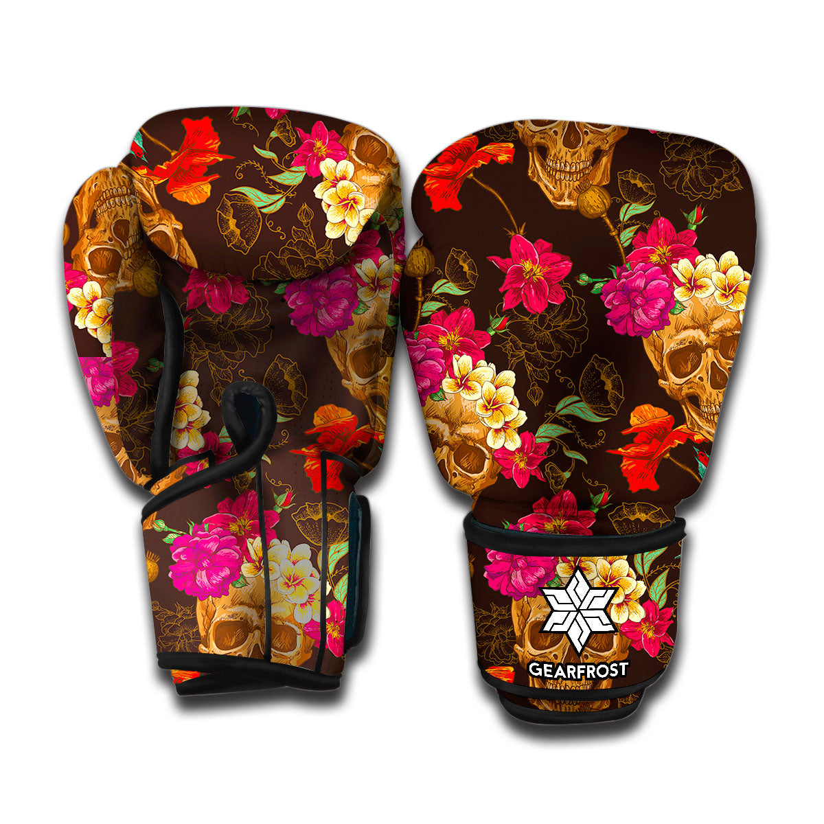 Vintage Flowers Skull Pattern Print Boxing Gloves