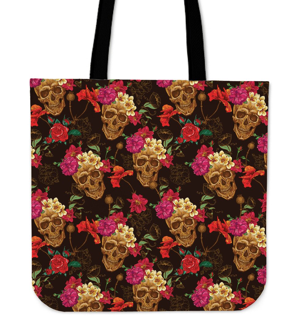 Vintage Flowers Skull Pattern Print Canvas Tote Bag