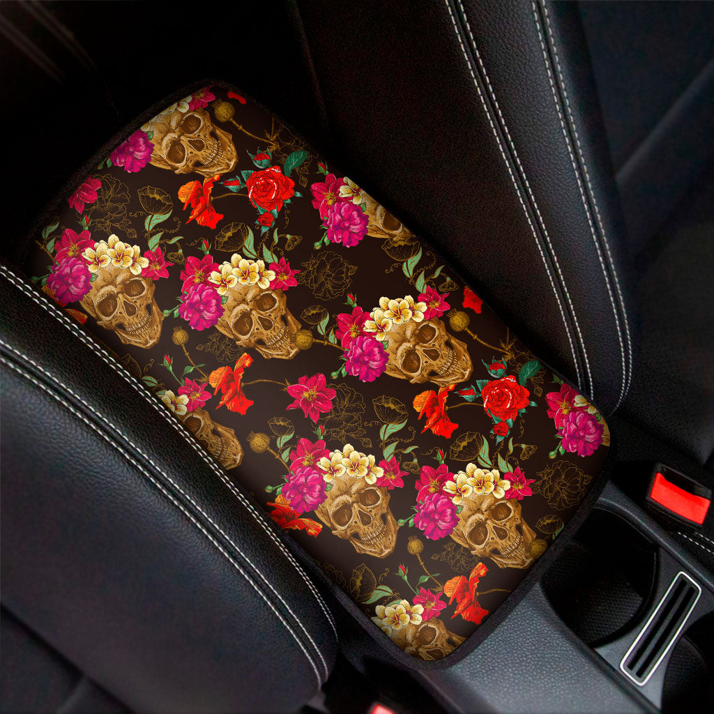 Vintage Flowers Skull Pattern Print Car Center Console Cover