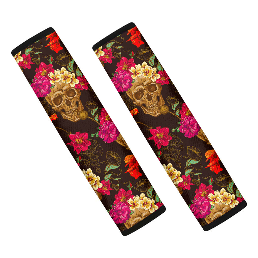 Vintage Flowers Skull Pattern Print Car Seat Belt Covers