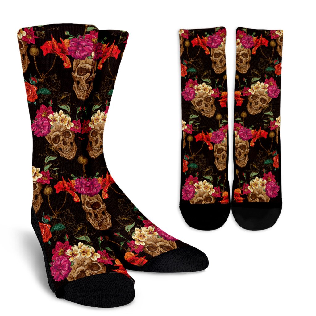 Vintage Flowers Skull Pattern Print Crew Socks