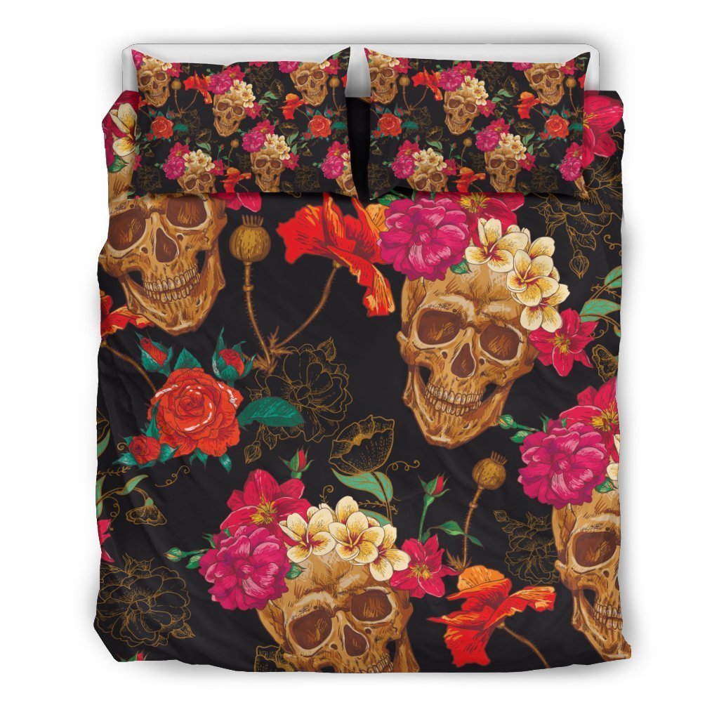 Vintage Flowers Skull Pattern Print Duvet Cover Bedding Set