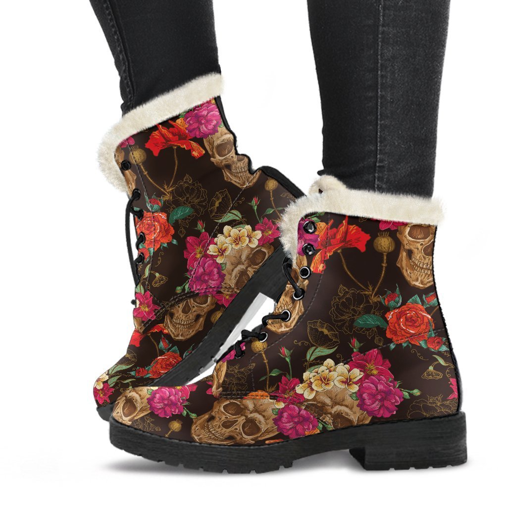 Vintage Flowers Skull Pattern Print Faux Fur Leather Boots