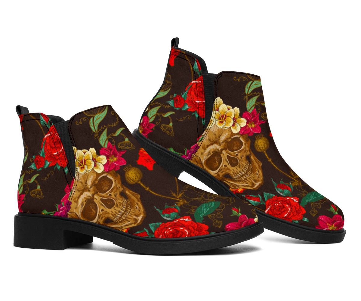 Vintage Flowers Skull Pattern Print Flat Ankle Boots