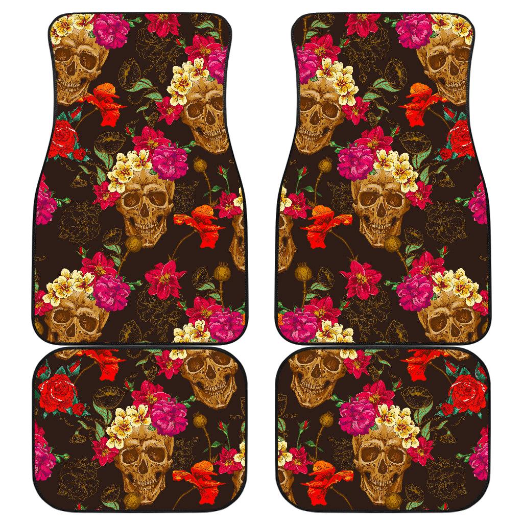 Vintage Flowers Skull Pattern Print Front and Back Car Floor Mats