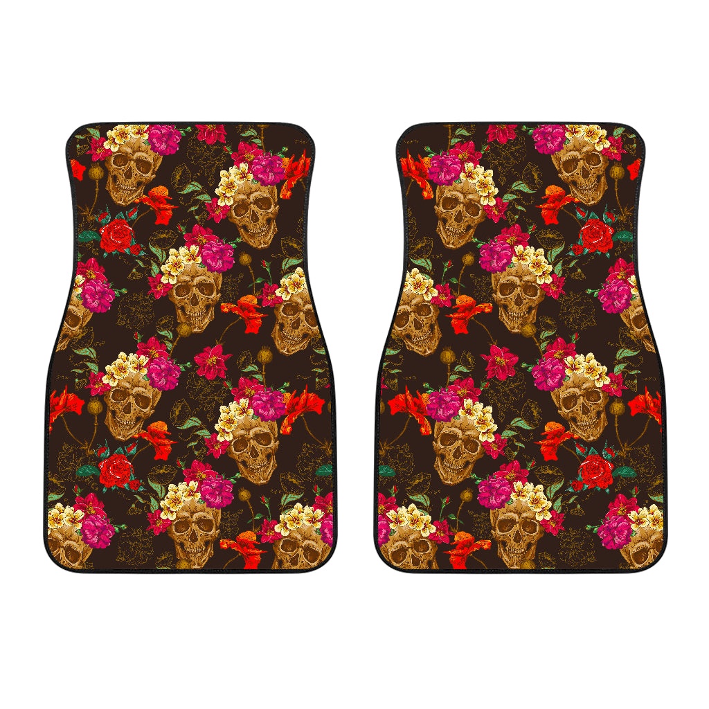 Vintage Flowers Skull Pattern Print Front Car Floor Mats