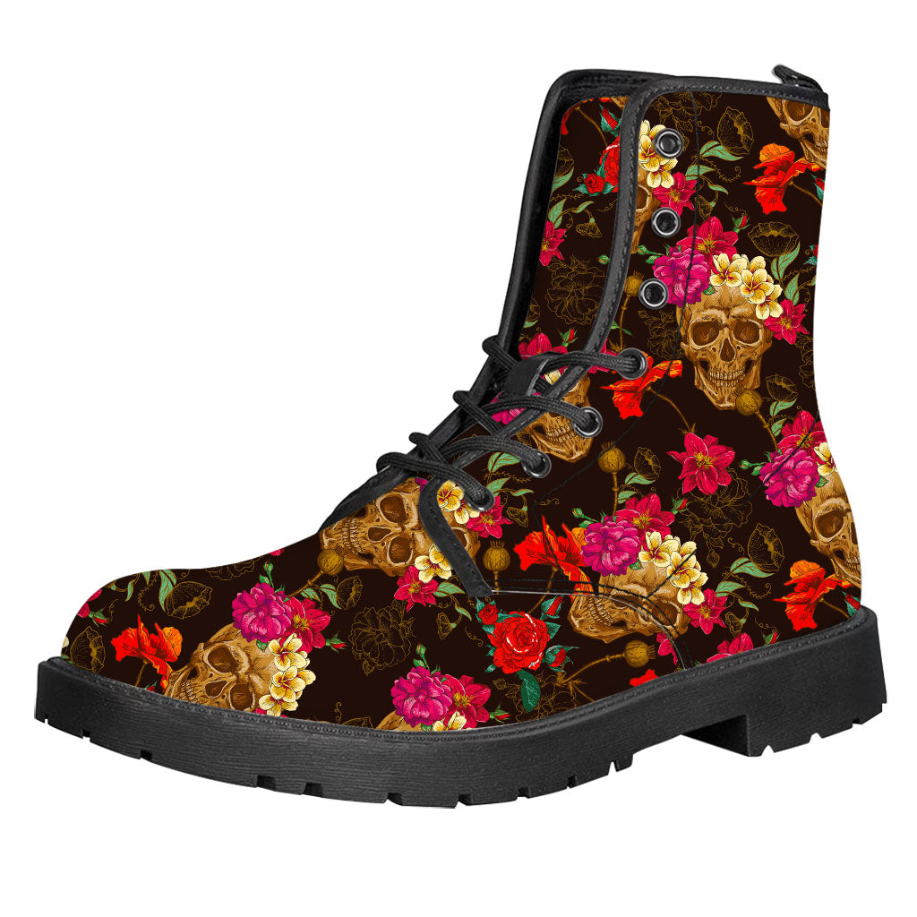 Vintage Flowers Skull Pattern Print Leather Boots