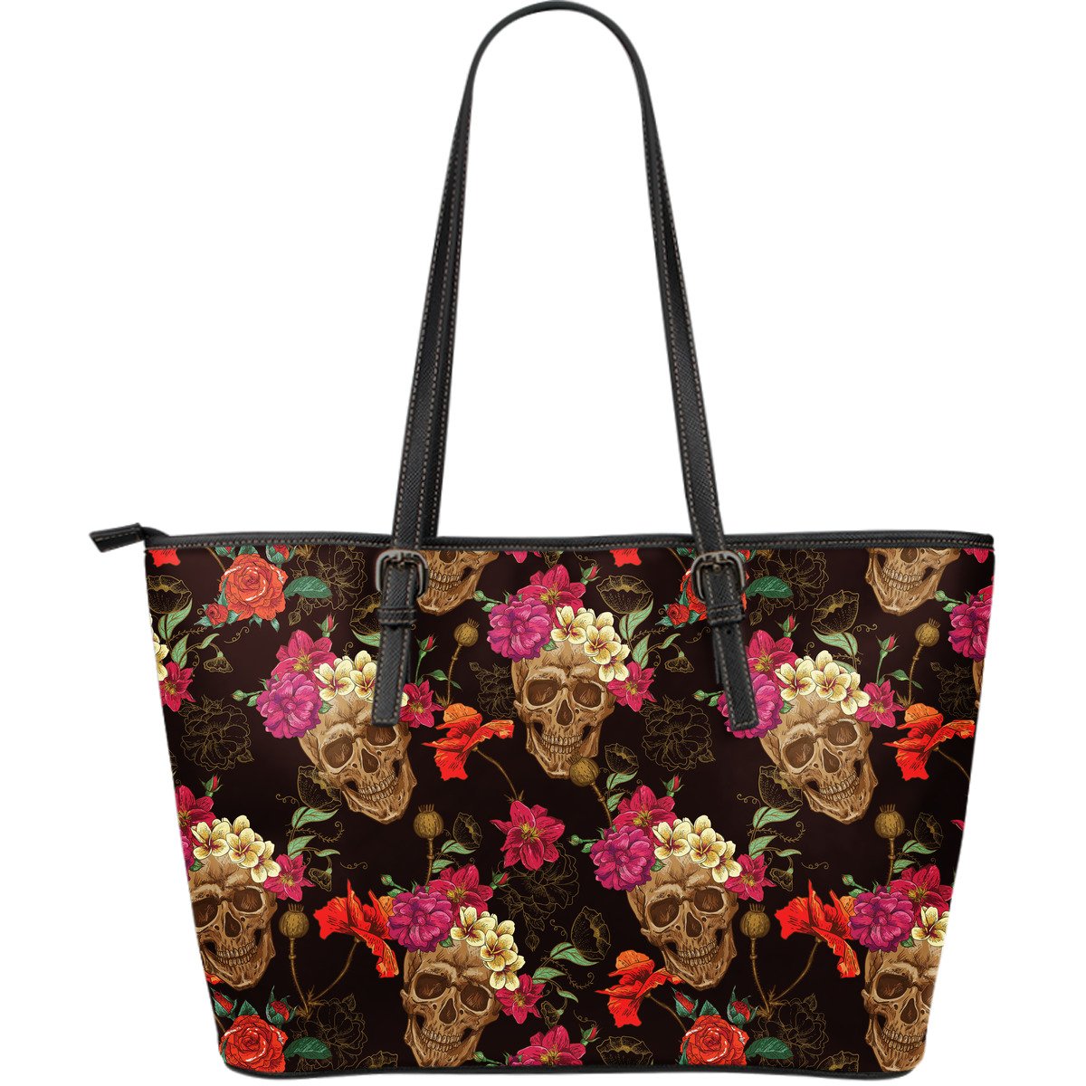 Vintage Flowers Skull Pattern Print Leather Tote Bag