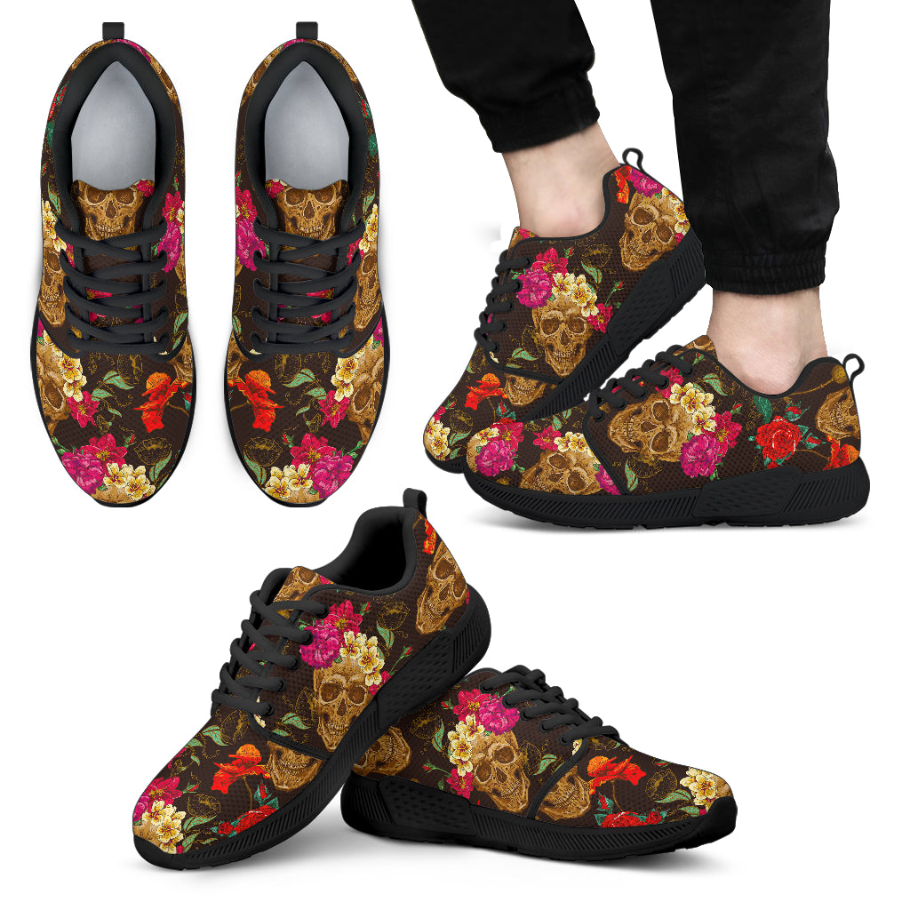 Vintage Flowers Skull Pattern Print Men's Athletic Shoes