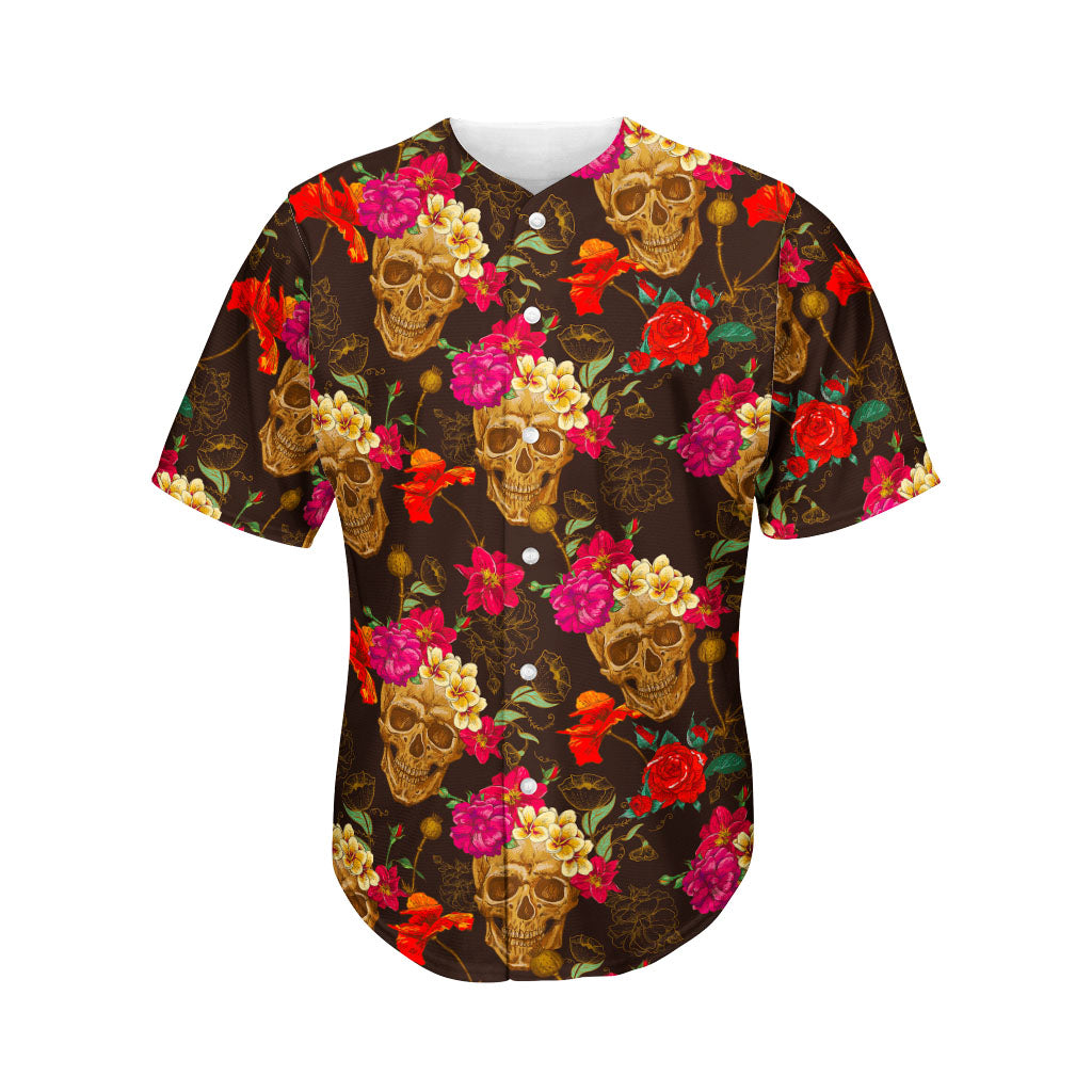 Vintage Flowers Skull Pattern Print Men's Baseball Jersey