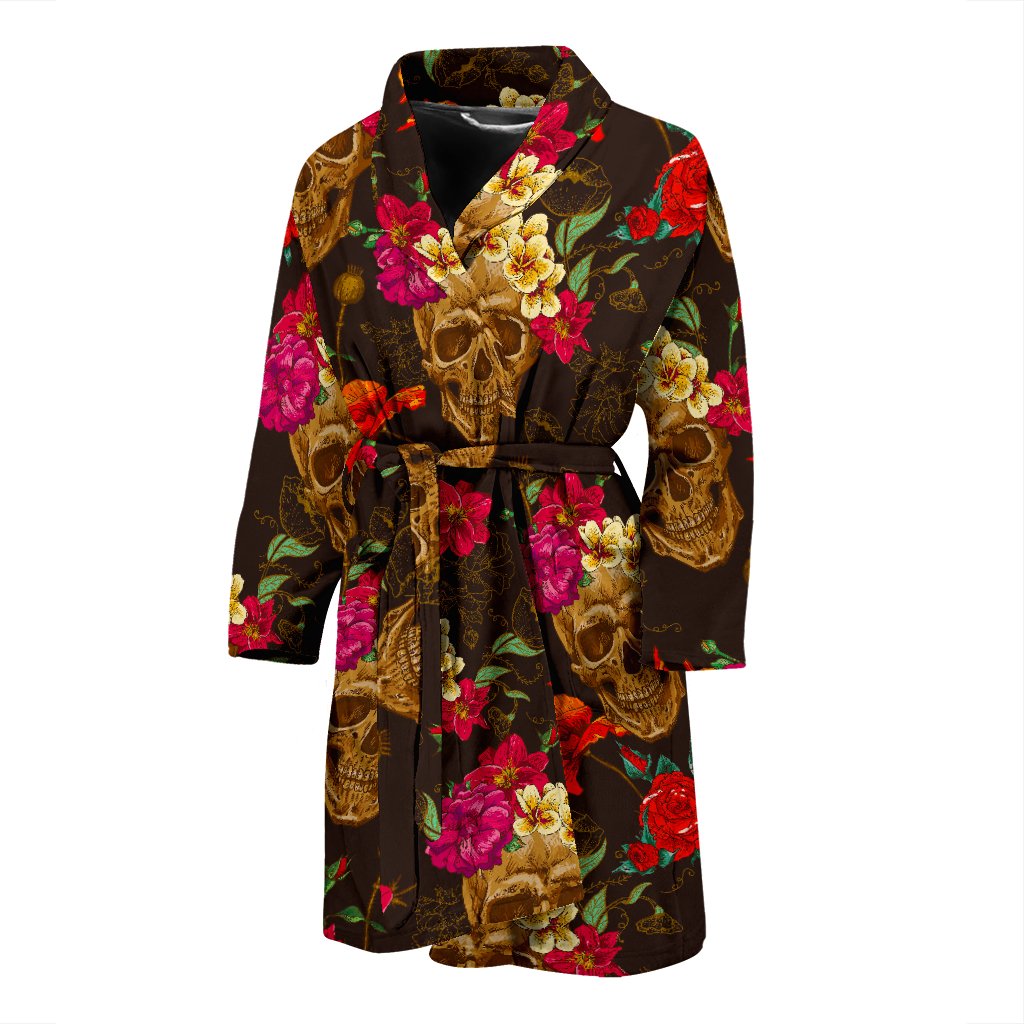 Vintage Flowers Skull Pattern Print Men's Bathrobe