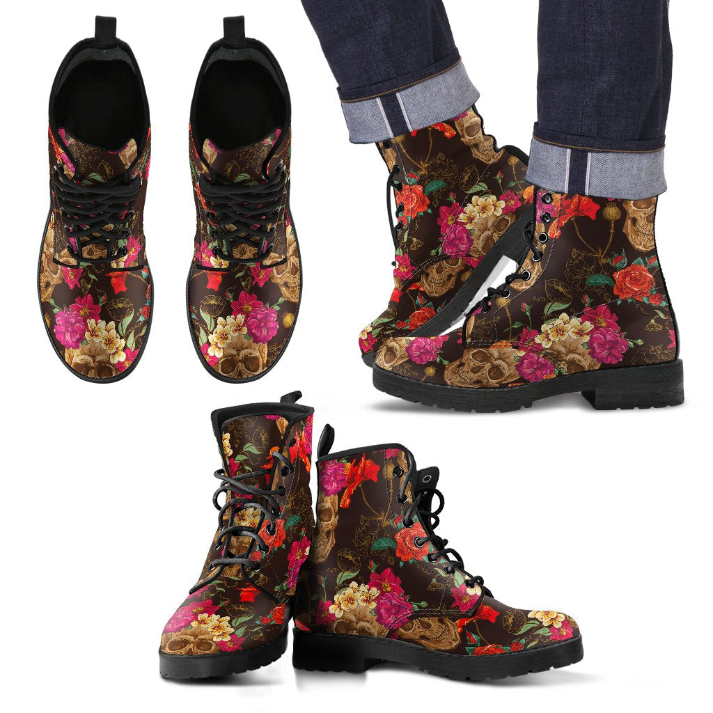 Vintage Flowers Skull Pattern Print Men's Boots