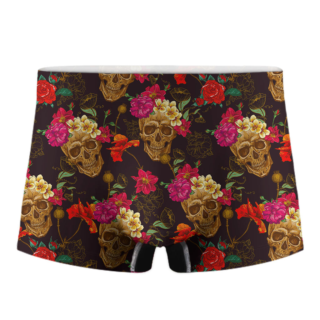 Vintage Flowers Skull Pattern Print Men's Boxer Briefs