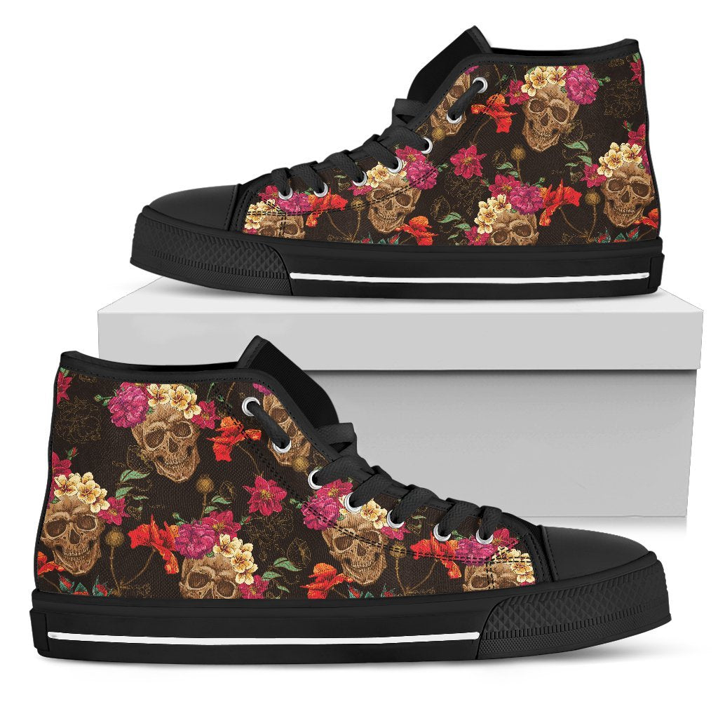 Vintage Flowers Skull Pattern Print Men's High Top Shoes