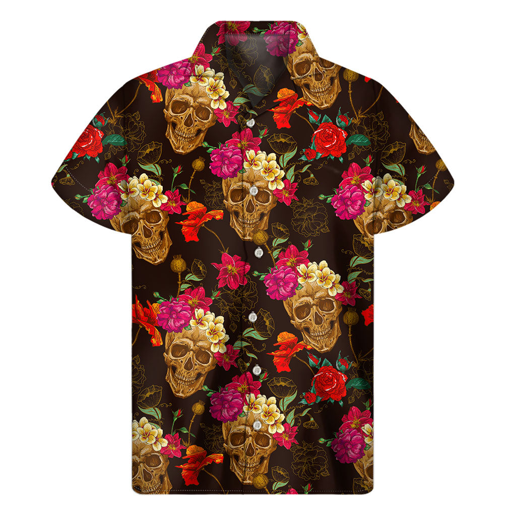 Vintage Flowers Skull Pattern Print Men's Short Sleeve Shirt