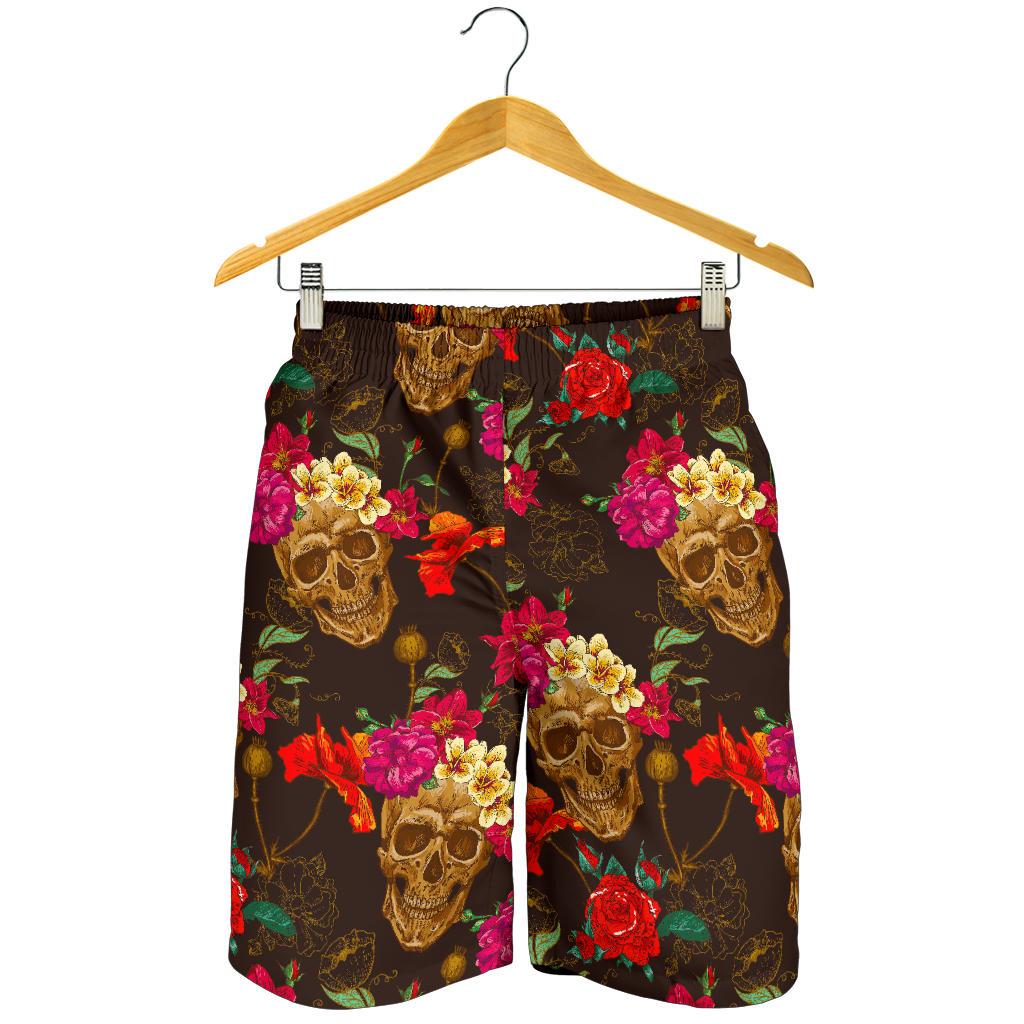 Vintage Flowers Skull Pattern Print Men's Shorts