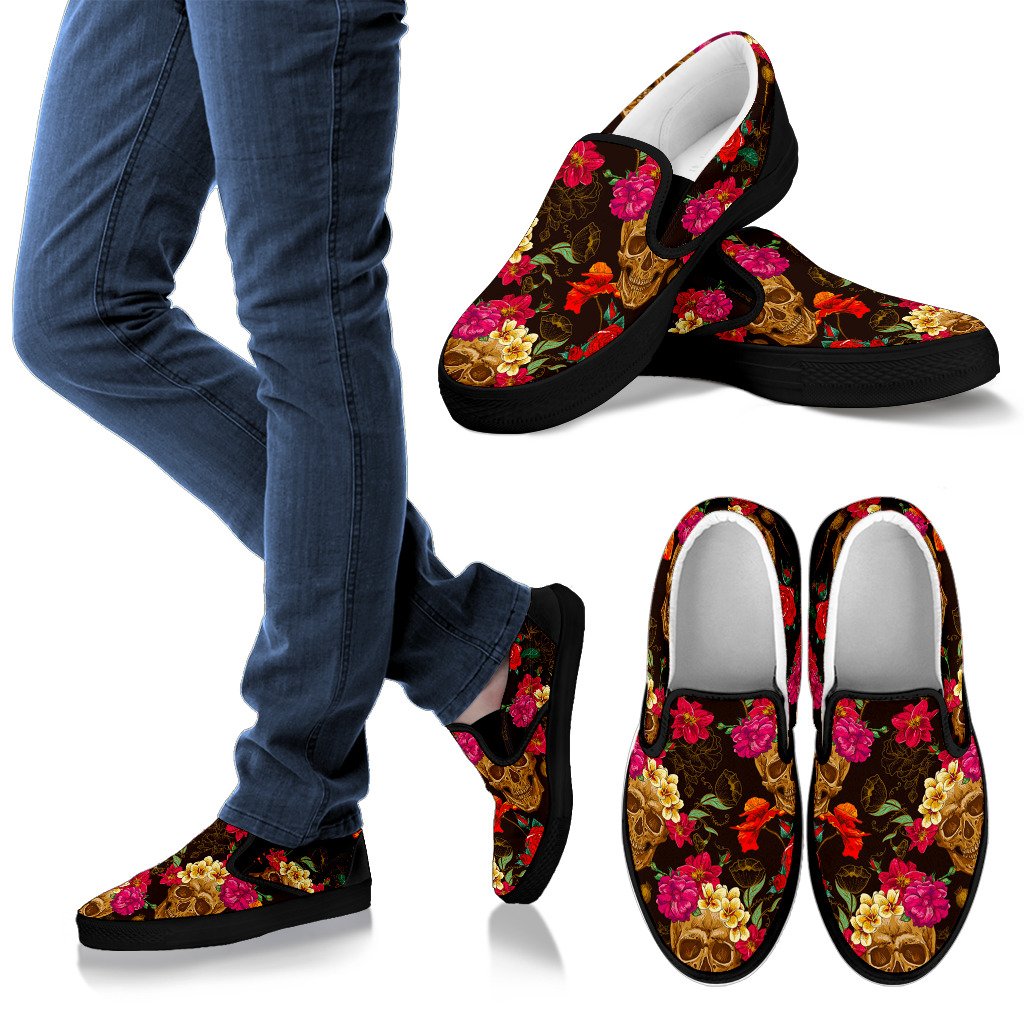 Vintage Flowers Skull Pattern Print Men's Slip On Shoes