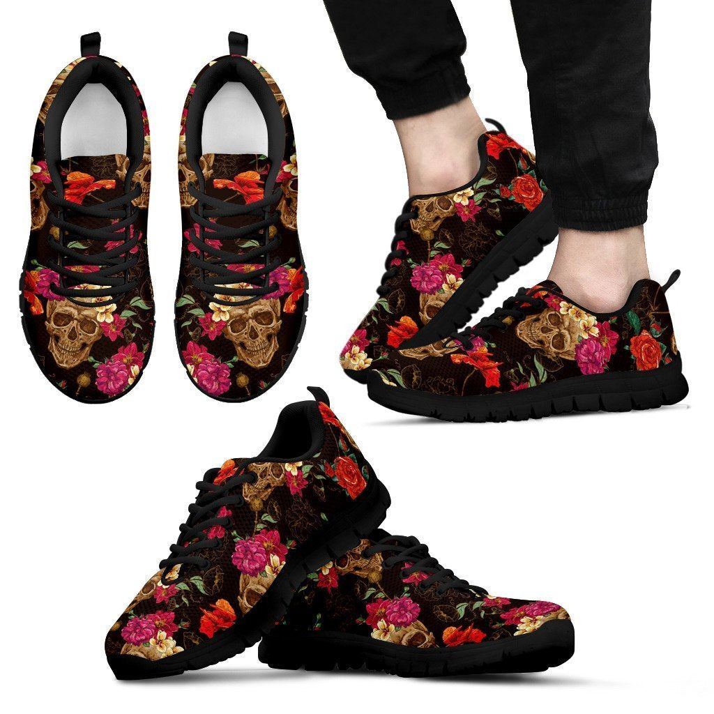 Vintage Flowers Skull Pattern Print Men's Sneakers