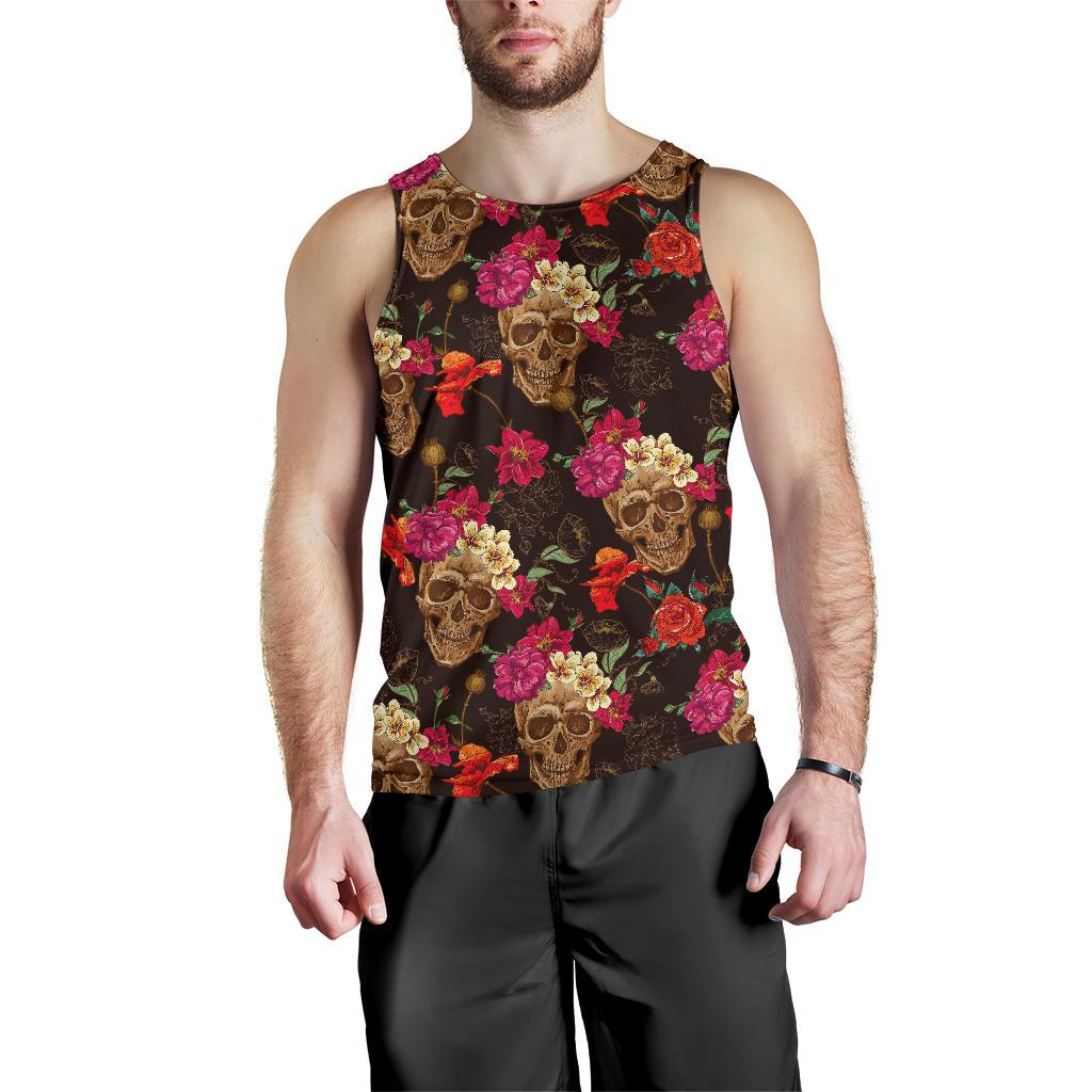 Vintage Flowers Skull Pattern Print Men's Tank Top