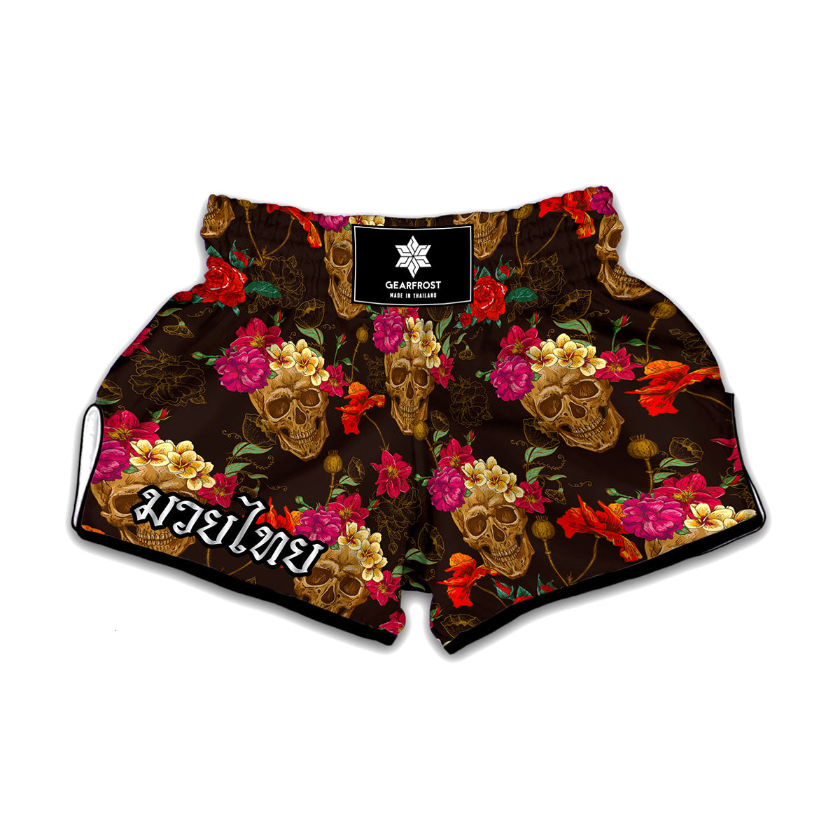 Vintage Flowers Skull Pattern Print Muay Thai Boxing Shorts