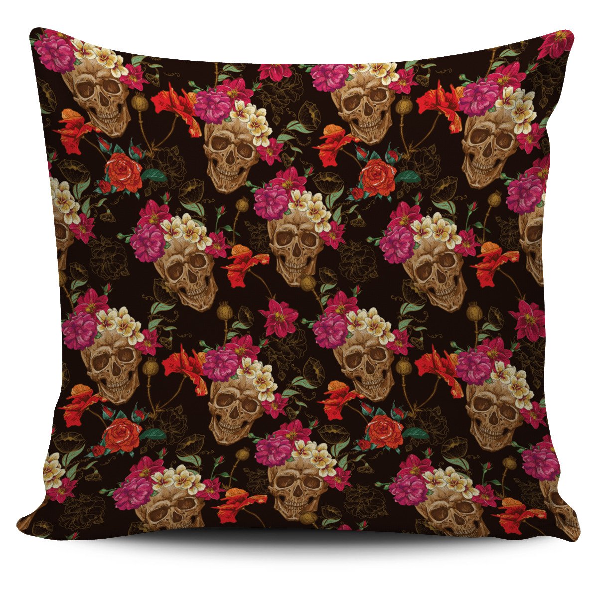 Vintage Flowers Skull Pattern Print Pillow Cover