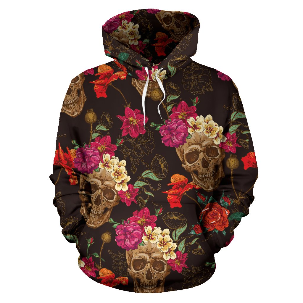 Vintage Flowers Skull Pattern Print Pullover Hoodie