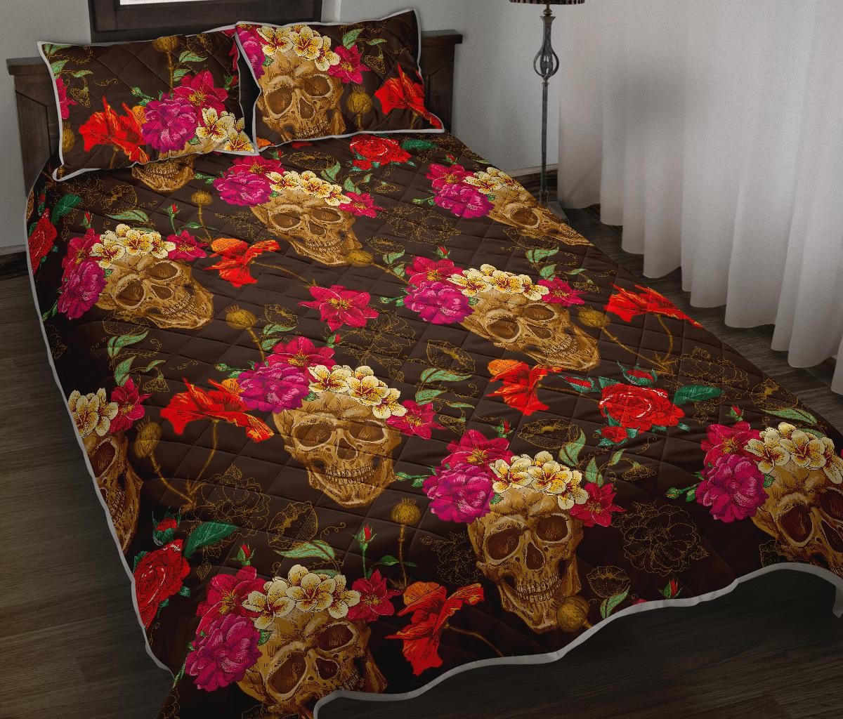 Vintage Flowers Skull Pattern Print Quilt Bed Set