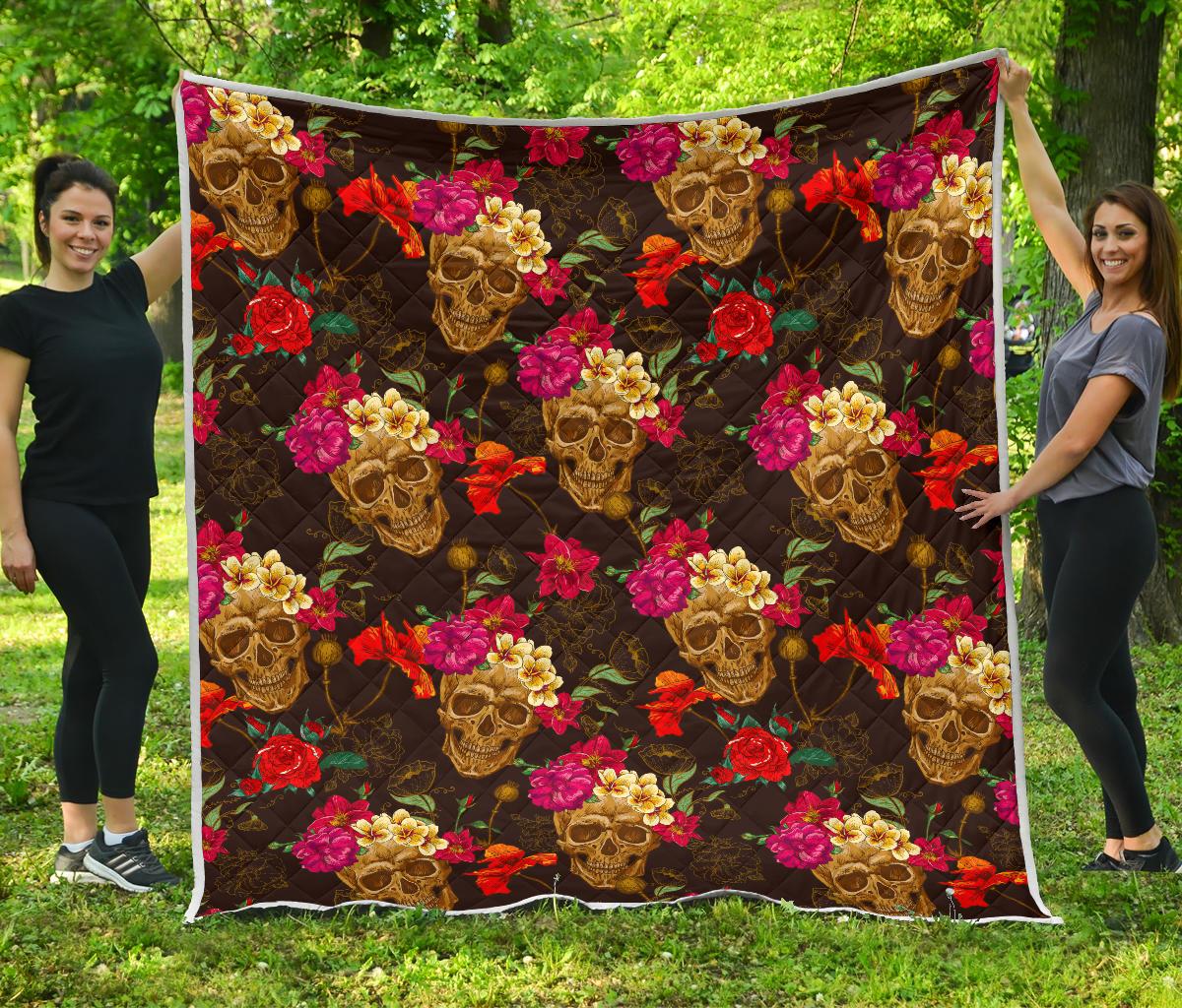 Vintage Flowers Skull Pattern Print Quilt