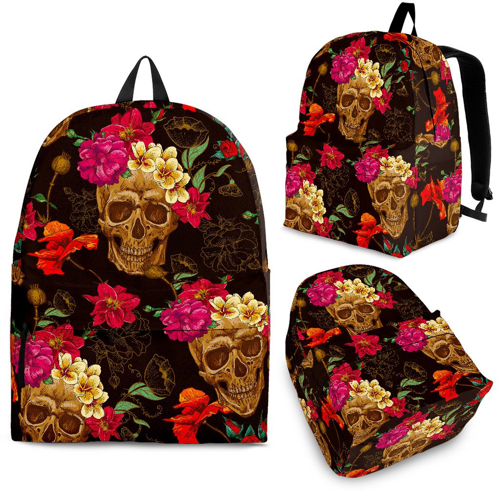 Vintage Flowers Skull Pattern Print School Backpack