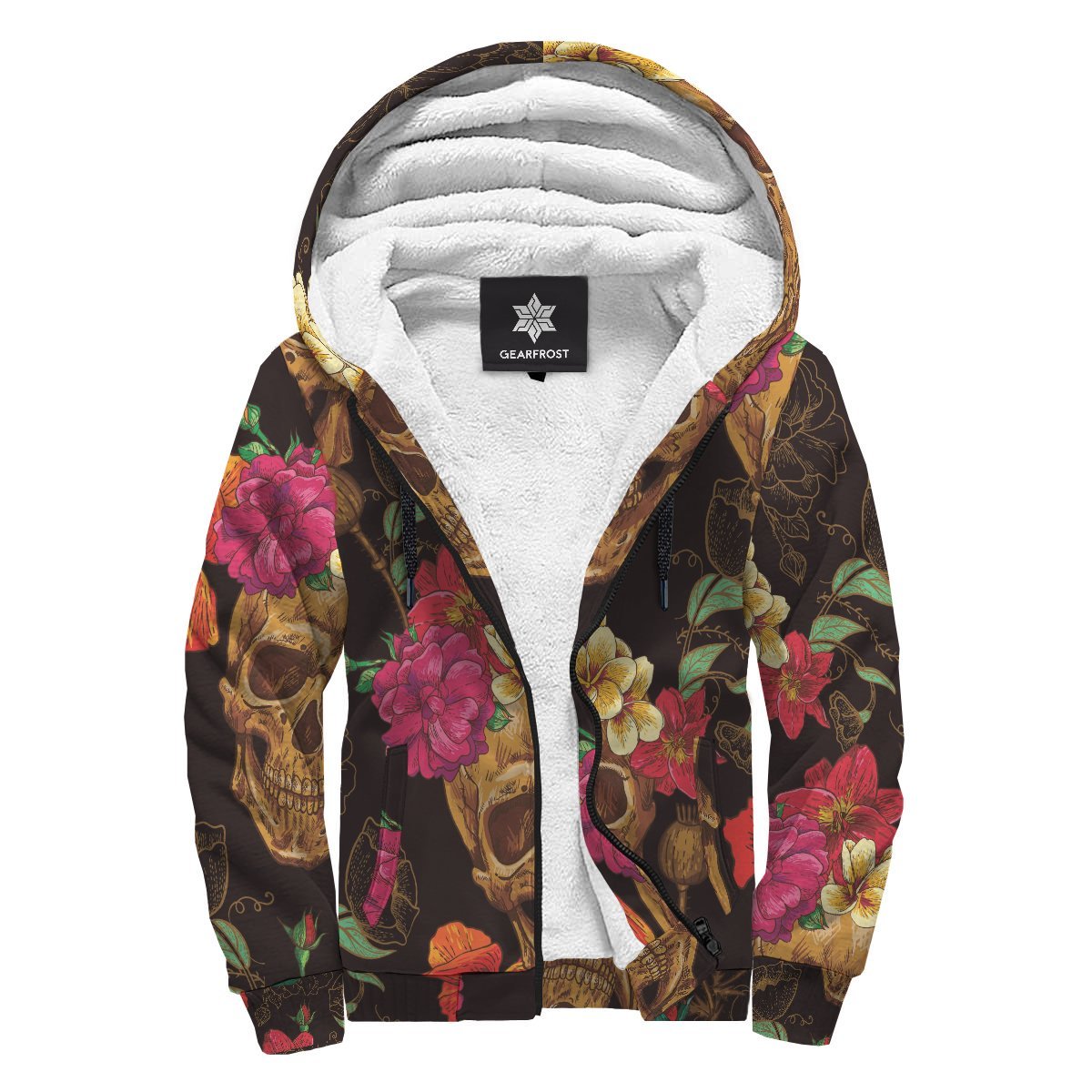 Vintage Flowers Skull Pattern Print Sherpa Lined Fleece Hoodie