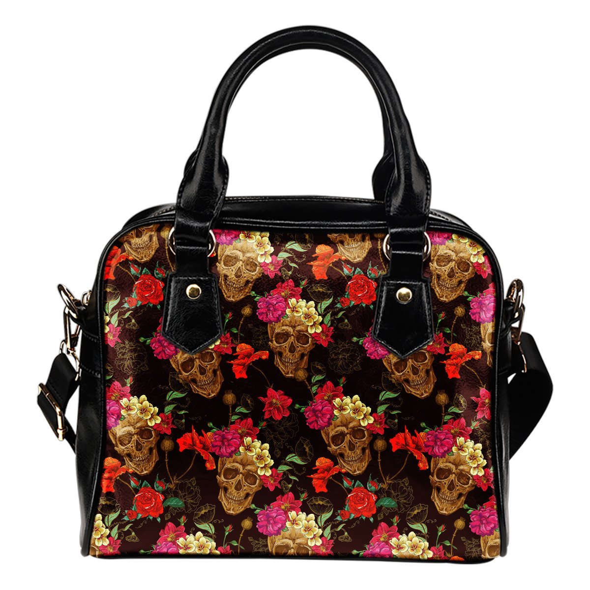 Vintage Flowers Skull Pattern Print Shoulder Handbag