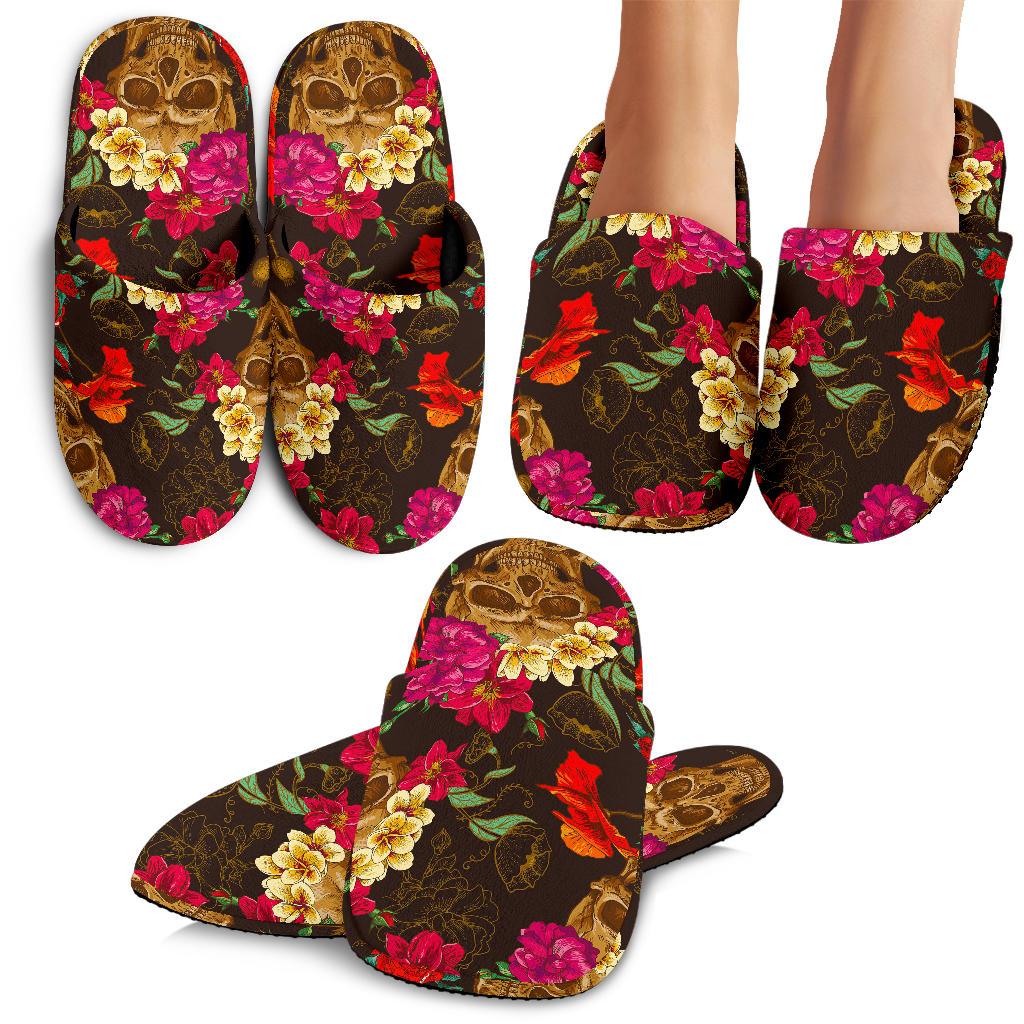 Vintage Flowers Skull Pattern Print Slippers