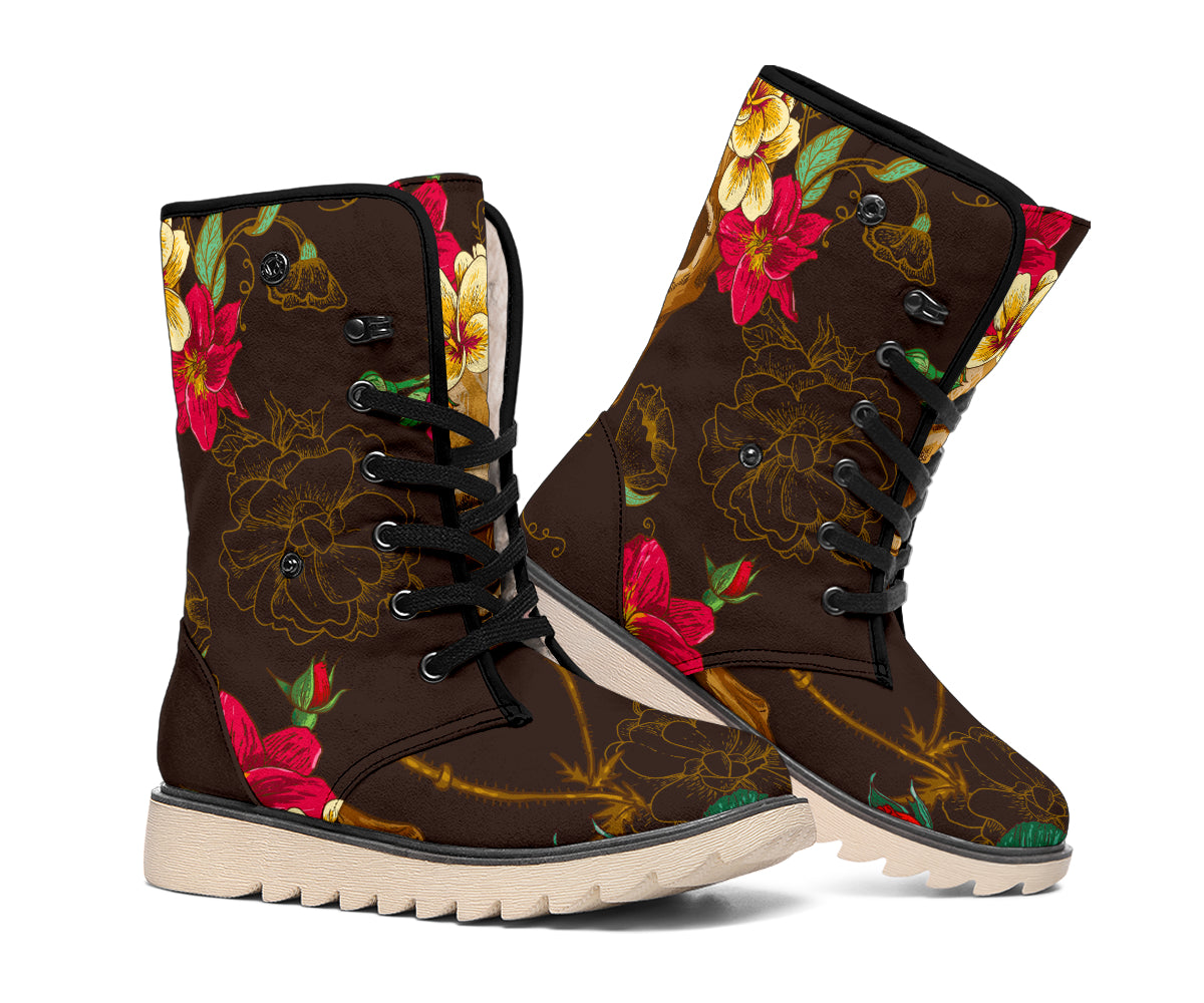 Vintage Flowers Skull Pattern Print Winter Boots