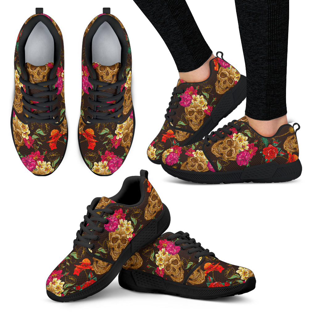 Vintage Flowers Skull Pattern Print Women's Athletic Shoes